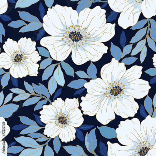 Seamless flowers and leaves in white and blue color pattern. Can be used for fabric  textile  wallpaper  gift wrap paper  background.