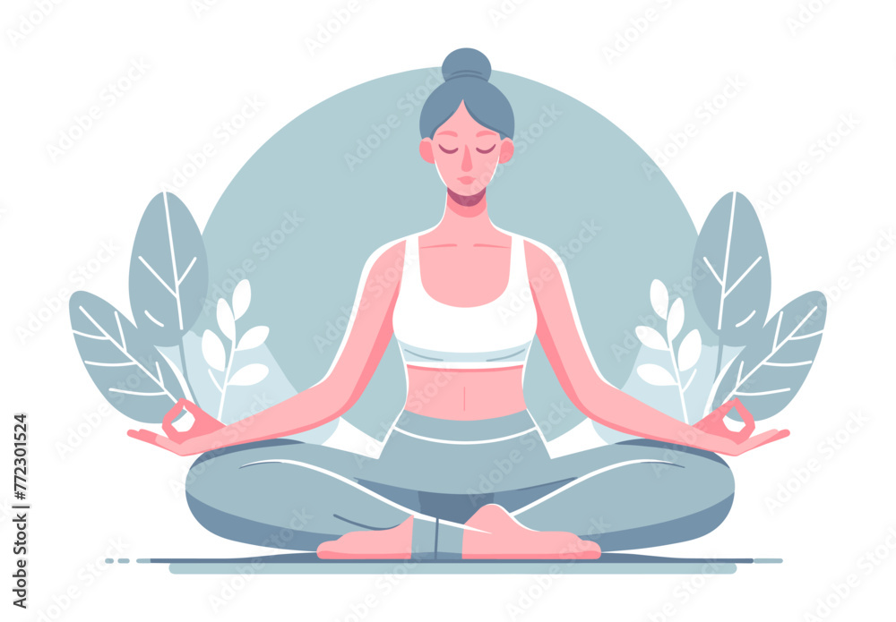 A vector illustration of a serene yoga instructor, demonstrating a yoga pose with calmness and balance, in comfortable attire, depicted in a flat design.