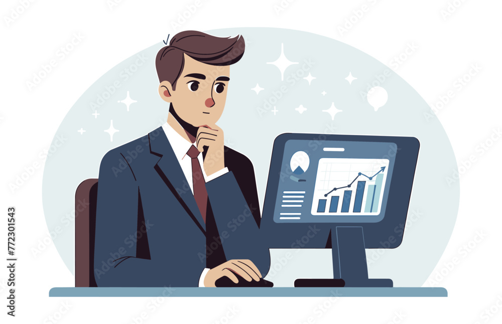 A vector illustration of a strategic financial advisor, analyzing financial data on a computer screen with a thoughtful expression, in a suit. A vector illustration of a strategic financial advisor, analyzing financial data on a computer screen with a thoughtful expression, in a suit.