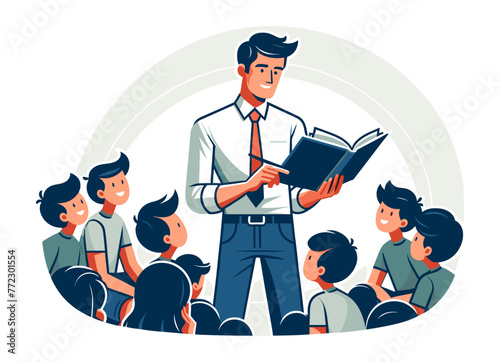 A vector illustration of an engaging school teacher, reading a book to an enraptured audience of students, in casual professional attire.