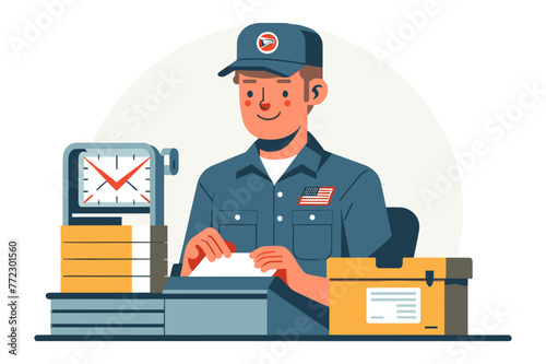 A vector illustration of a dedicated postal worker, sorting mail with efficiency and a smile, in a postal uniform.