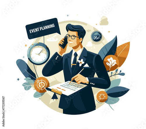 A vector illustration of a charismatic event planner, coordinating event details on a phone with efficiency and charm, in stylish professional attire.