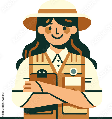 An illustration in a flat design style of a smiling environmental scientist with crossed arms, wearing a field vest and holding a clipboard.