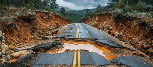 A road with a pothole covered with a thick layer of mud, due to a natural disaster or heavy rains, making it impassable for vehicles.