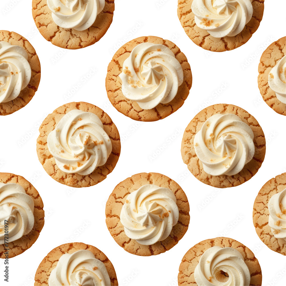 Food pattern of cookies with whipped cream on top on a transparent background