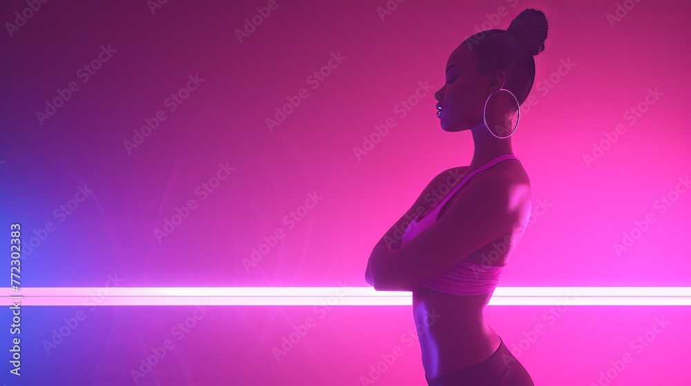 a woman standing in front of a pink background
