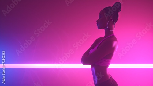 a woman standing in front of a pink background