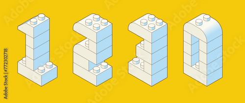 Numbers 1, 2, 3, 0 from Plastic building blocks. Colored bricks isolated on white background. Vector 3d illustration.