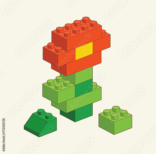 Color Flower from Plastic building blocks. Colored bricks isolated on white background. Vector 3d illustration.