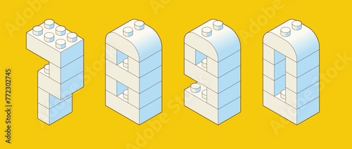 Number 7, 8, 9, 0  from Plastic building blocks. Colored bricks isolated on white background. Vector 3d illustration.