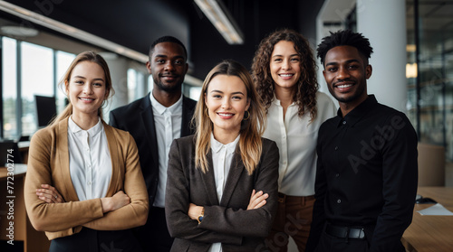 Diverse group of people from different backgrounds and ethnicities in a modern office happy at work, smiling multiethnic corporate men and women executives, diversity and inclusivity concept