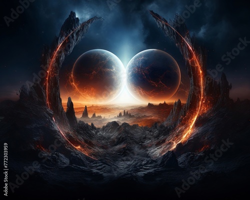 Incorporate a space-themed background with a central image of a planet splitting into two halves, symbolizing moral dilemmas Include futuristic typography for impact photo