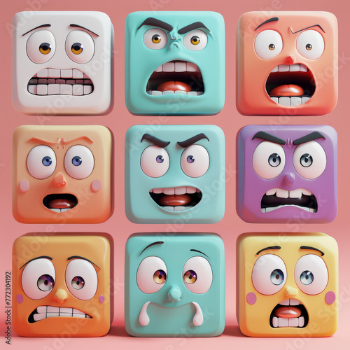 A row of cartoon faces with different expressions, including angry, sad, and surprised. The faces are arranged in a grid, with each row and column containing a different expression © SJ Studio