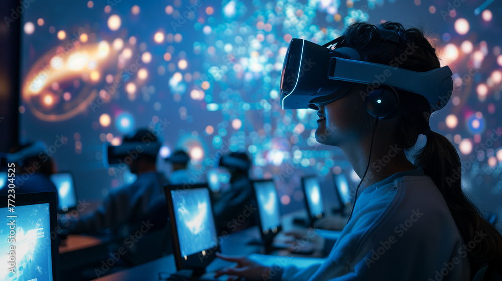 Students study in the virtual world Teachers teach through VR glasses in an atmosphere like being in a real classroom. represents a new educational model. Students study in the virtual world Teachers teach through VR glasses in an atmosphere like being in a real classroom. represents a new educational model.