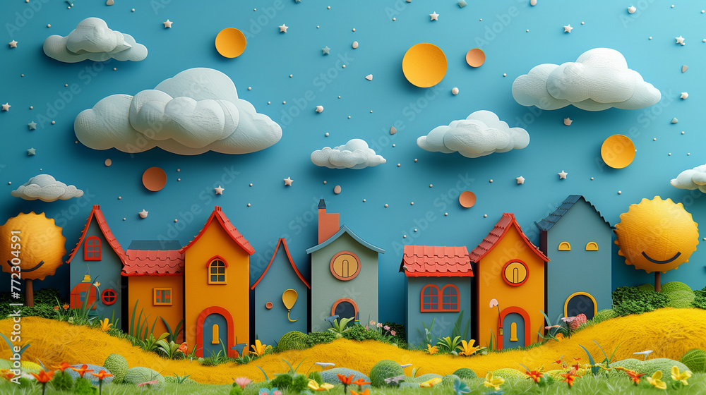 Colorful village scene, cloud, sky, illustration, landscape