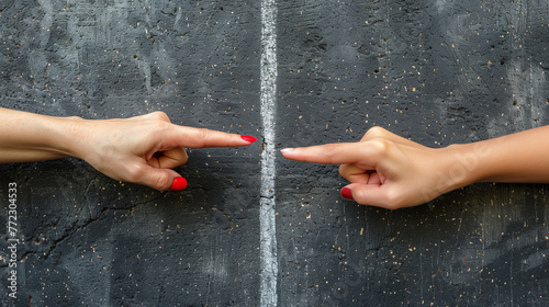 Two hands pointing at each other, on black background with white demarcation line, concept image