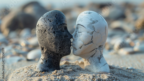 Two black and white statues kissing on beach
