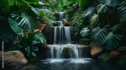 Beautiful waterfall in tropical garden with green plants and water stream. Waterfall in the tropical garden. Waterfall in the jungle.