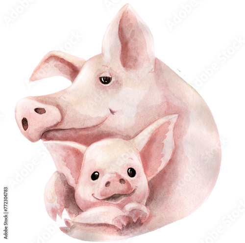 Fotografie Mummy pig cuddles her piglet