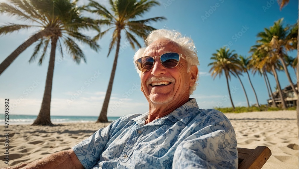 Happy senior man relaxing on the beach near the ocean or sea near palm trees. Tourism.