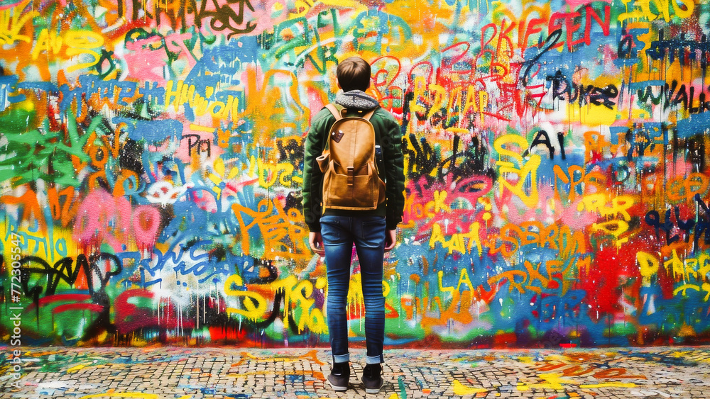 Obraz premium A young person with a backpack stands in front of a vibrant graffiti-covered wall, admiring the colorful street art.