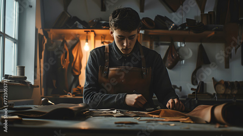 Leather Craftsman Working with Hide Material photo