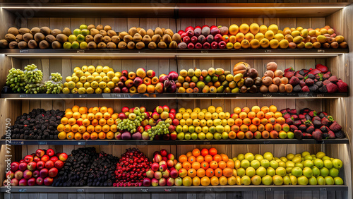 Colorful display of fresh fruits and vegetables neatly arranged on supermarket shelves, highlighting healthy food choices.