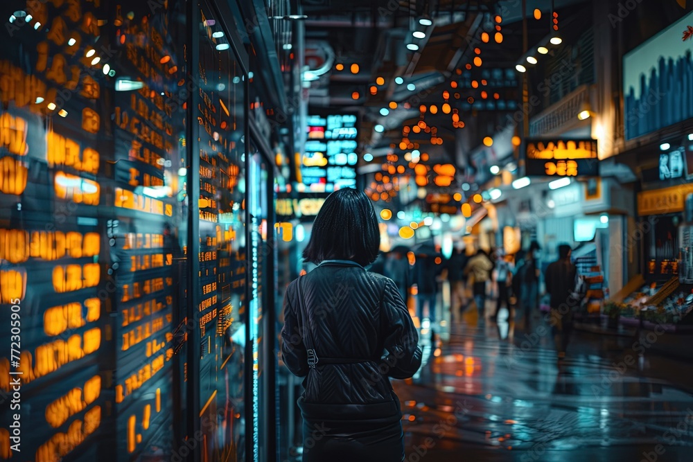 a woman walking down a wet street at night