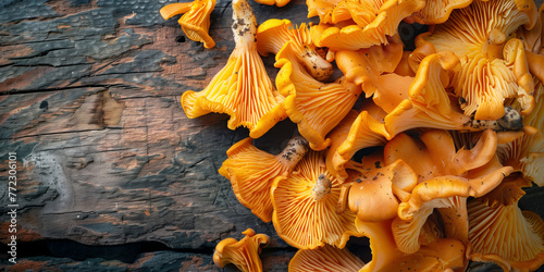 Freshly picked wild chanterelle mushrooms on a rustic wooden background with copy space for your menu text.