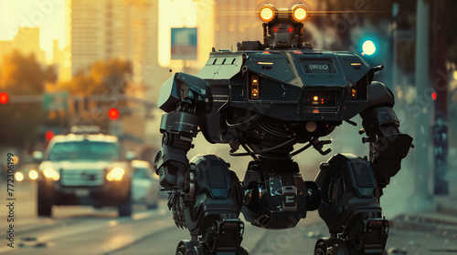 AI police robot in pursuit, dynamic motion, neon cityscape, high-intensity cinematic scene photo