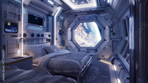 Fototapeta Naklejka Na Ścianę i Meble -  Bedroom in a Space Station Overlooking Earth
