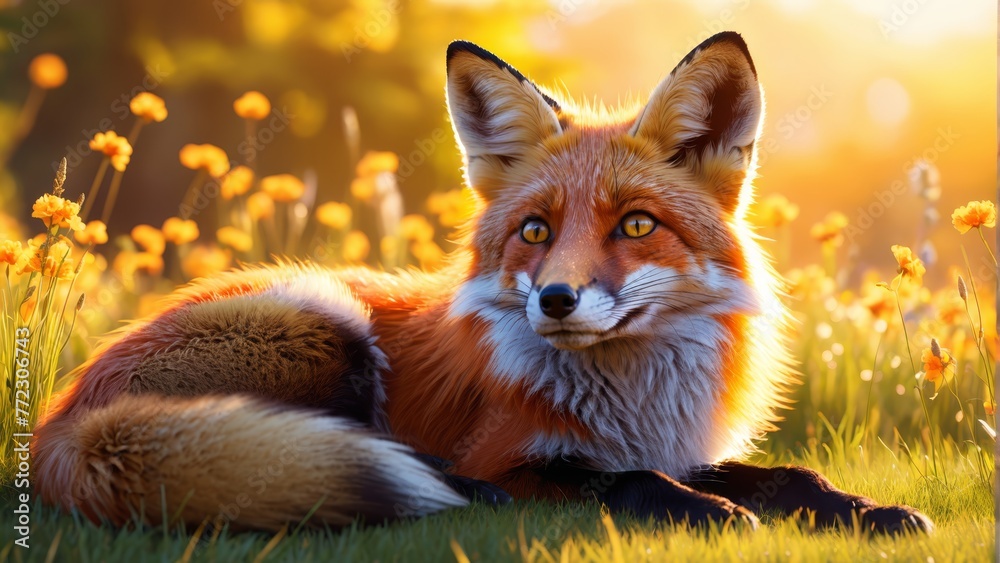Obraz premium A tight shot of a fox reclining in a meadow, surrounded by yellow flowers, while the background softly blurs