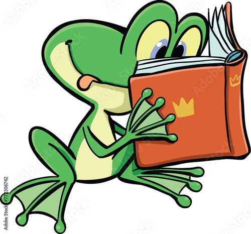 green frog reads fairy tales from a book