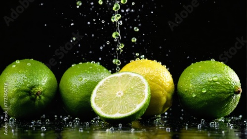   A black backdrop showcases a cluster of limes with water droplets splashing from their peaks