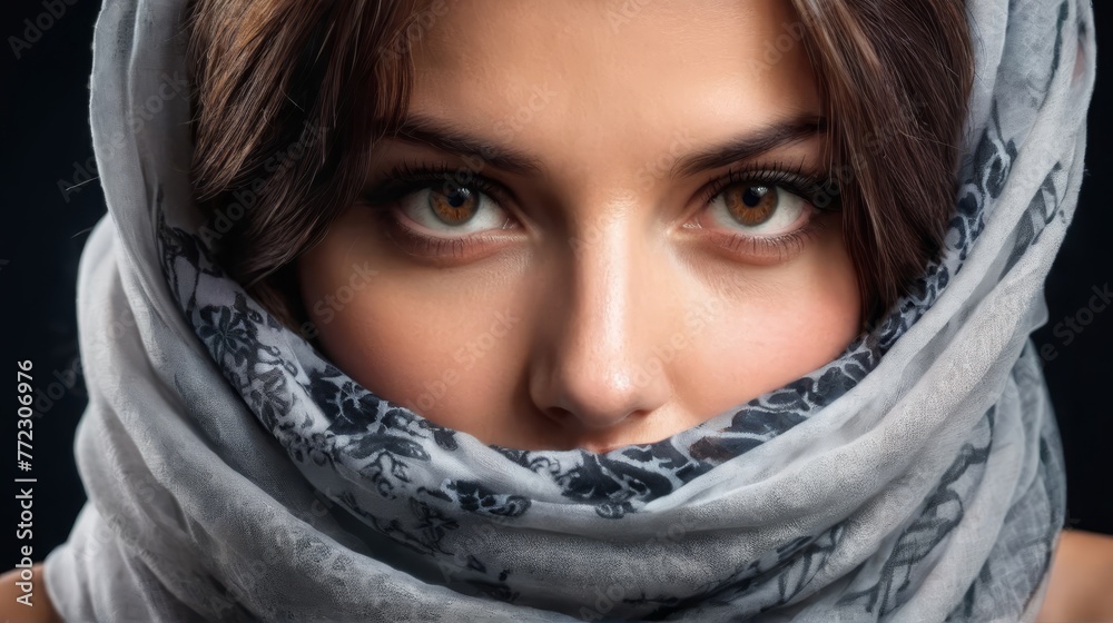 A close-up of a woman with two scarves - one over her head, concealing her face A close-up of a woman with two scarves - one over her head, concealing her face