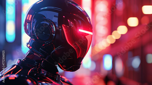 AI police robot, metallic finish, enforcing law in a dystopian city, cinematic lighting photo