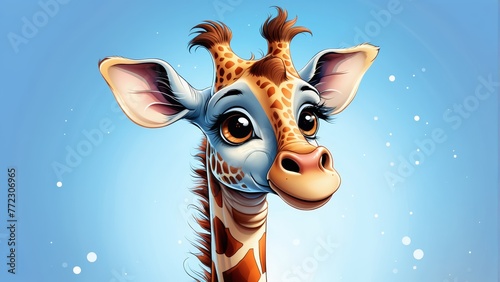   A tight shot of a giraffe s face against a backdrop of a blue sky  with snowflakes falling gently onto a white ground