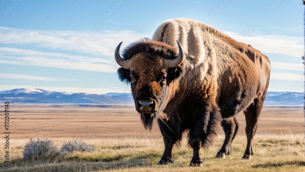 A large, brown buffalo atop a dry grass field, adjacent to a tall wooden pole Mountain backdrop A large, brown buffalo atop a dry grass field, adjacent to a tall wooden pole Mountain backdrop