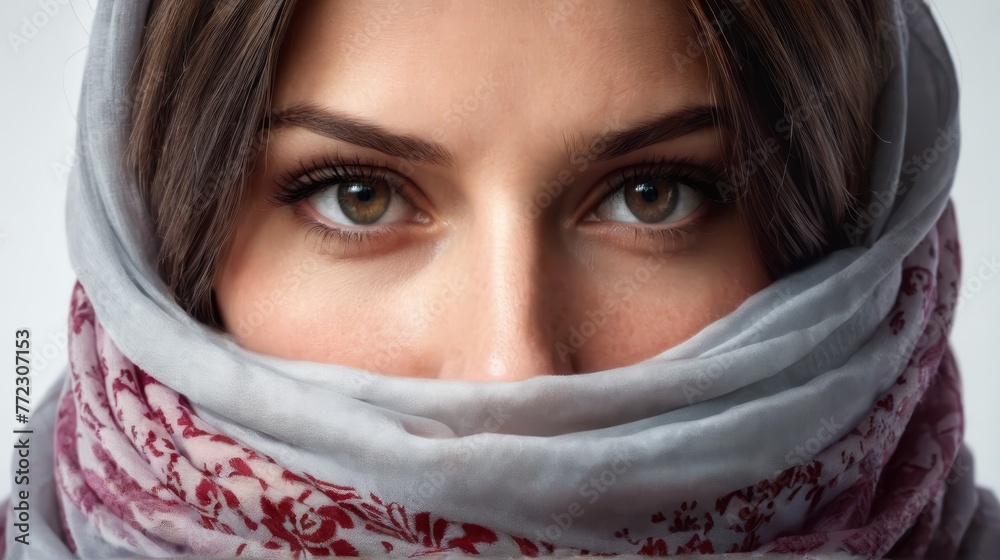   A close-up of a woman with a scarf over her eyes, another concealing her head - obrazy, fototapety, plakaty 