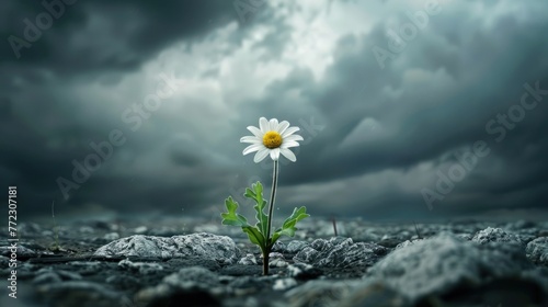 Lone wildflower against stormy sky symbol of resilience