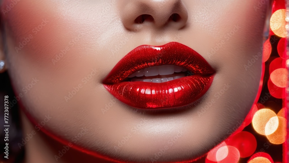Obraz premium A tight shot of a woman's face, her lips painted boldly red, framed by intense spotlights to one side
