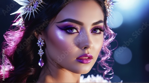   A tight shot of a woman adorned with a tiara featuring feathers and wearing purple makeup photo