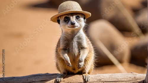  A meerkat, small in stature, perches on a log It dons a straw hat atop its head Paws firmly grip the log's surface beneath