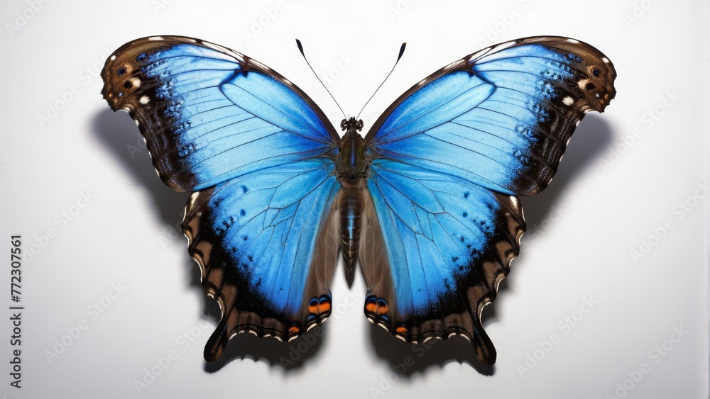 Fototapeta premium A blue butterfly in close-up against a pristine white backdrop, accompanied by its cast shadow to the left