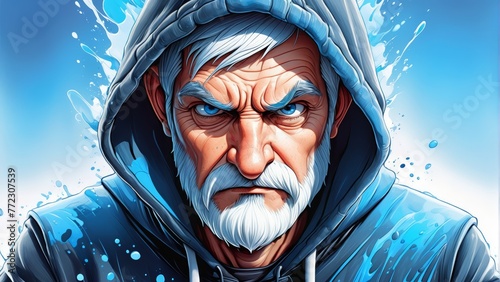 Old man with beard, hoodie – before splash of water.. A digital painting of an old man with a beard and hoodie positioned in front