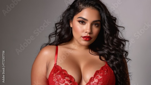   A woman in red lingeria - a bra and pants matched in this bold hue - assumes a confident pose, her hands resting on her hips as she gazes directly into the camera photo
