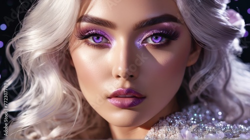   A tight shot of a woman s face wearing purple eyeshadow Her body and hair adorned with glitter