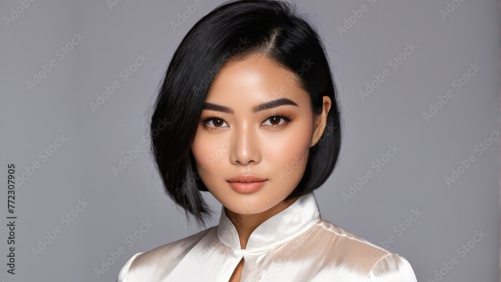 An Asian woman with short black hair poses before a gray backdrop, clad in a white shirt An Asian woman with short black hair poses before a gray backdrop, clad in a white shirt