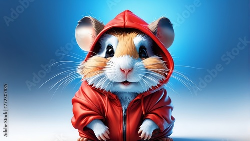   A brown and white rat in a red hoodie sits before a blue backdrop, donning a red jacket