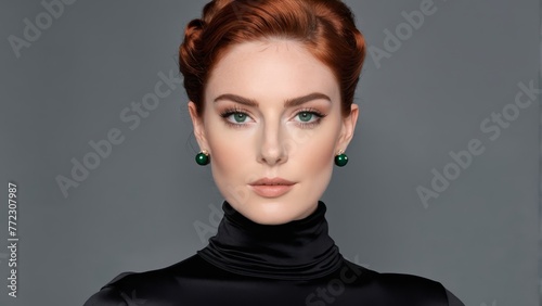   A woman with red hair and green eyes wears a black turtleneck, adorned with green earrings